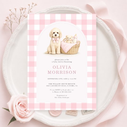 Uitnodiging voor babyshower met roze gingham en pu