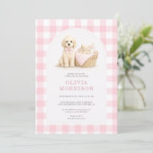 Uitnodiging voor babyshower met roze gingham en pu (Staand voorkant)