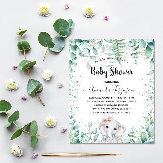 Uitnodiging voor babyshower olifant eucalyptus bud flyer