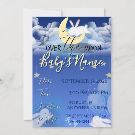 Uitnodiging voor babyshower 'Over de maan' aankond (Voorkant)