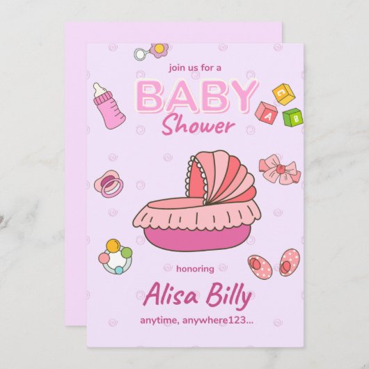 uitnodiging voor babyshower voor meisje, roze (Voorkant / Achterkant)