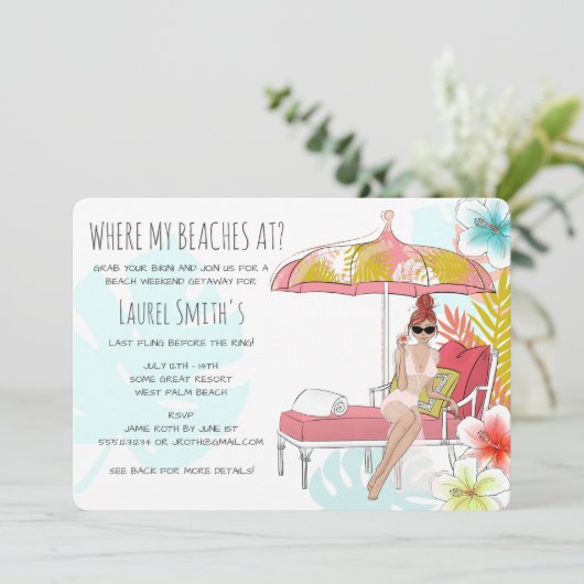 Uitnodiging voor Bachelorette Strand Weekenduitsta (Staand voorkant)