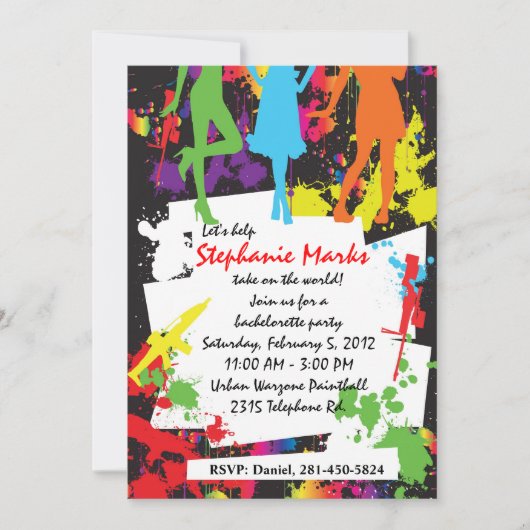 Uitnodiging voor bachelorette van Paintball (Voorkant)