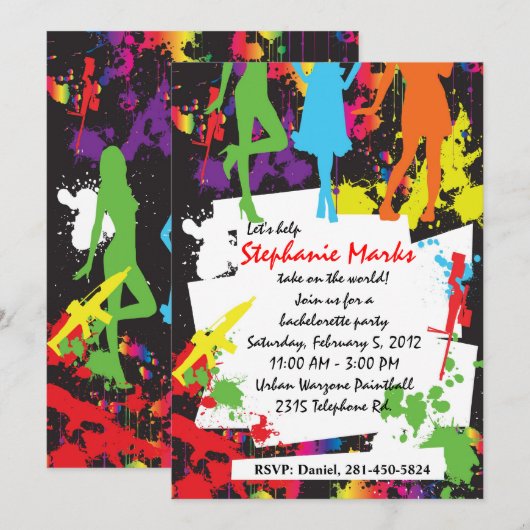 Uitnodiging voor bachelorette van Paintball (Voorkant / Achterkant)