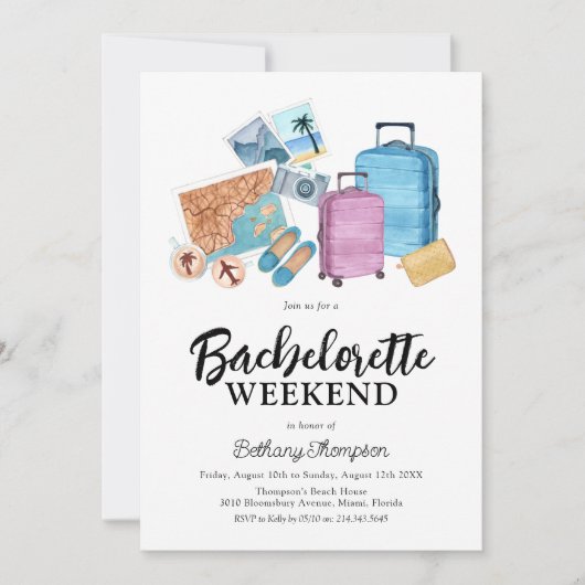 Uitnodiging voor Bachelorette Weekend Vakantie Rei (Voorkant)