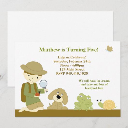 Uitnodiging voor backyard Explorer Birthday Party (Voorkant / Achterkant)