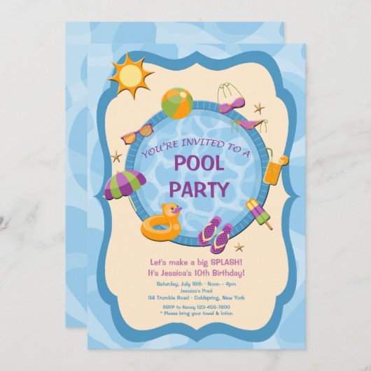 Uitnodiging voor backyard Pool Party (Voorkant / Achterkant)