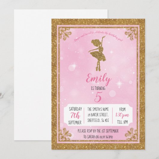 Uitnodiging voor Ballerina Gold- en roze-verjaarda (Voorkant / Achterkant)