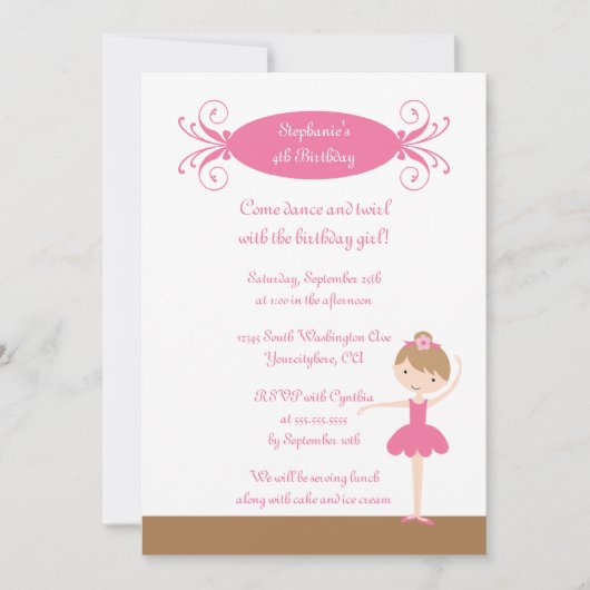 Uitnodiging voor ballerina-verjaardagsfeest voor j (Voorkant)
