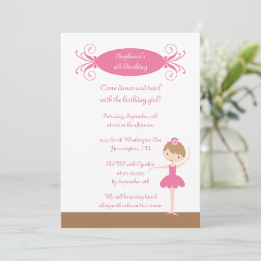 Uitnodiging voor ballerina-verjaardagsfeest voor j (Staand voorkant)