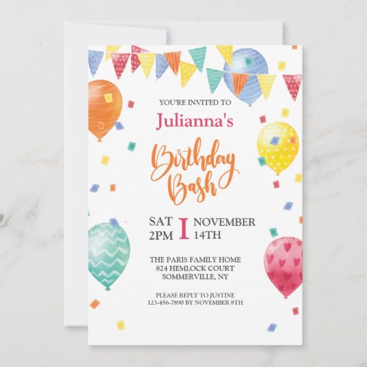 Uitnodiging voor ballonverjaardag Bash (Voorkant)