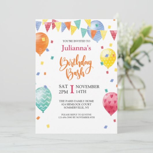 Uitnodiging voor ballonverjaardag Bash (Staand voorkant)