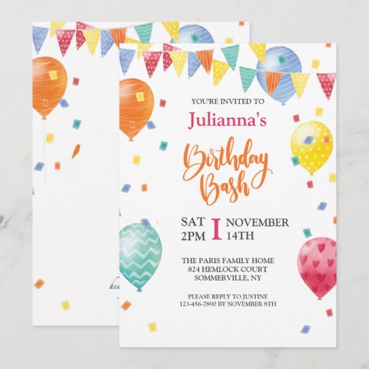 Uitnodiging voor ballonverjaardag Bash (Voorkant / Achterkant)