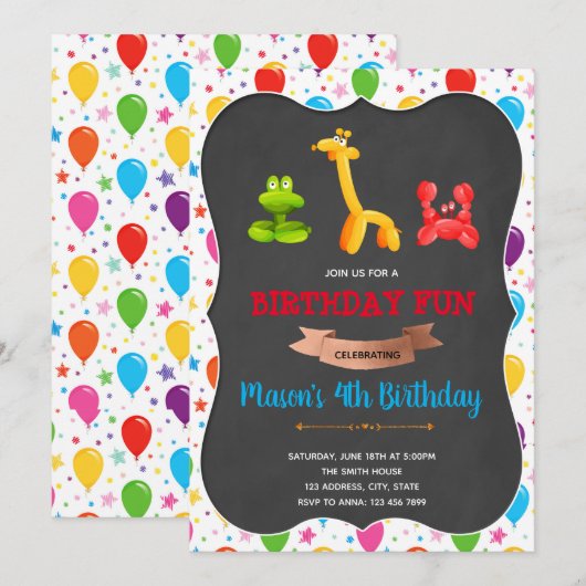 Uitnodiging voor ballonverjaardagsfeestje (Voorkant / Achterkant)