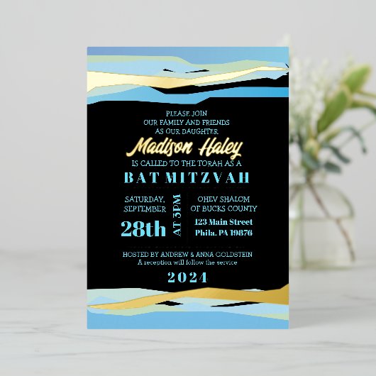Uitnodiging voor Bar en Bat Mitzvah met goud folie (Staand Voorkant)
