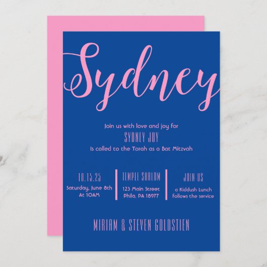 Uitnodiging voor Bar Mitswa-feest in marineblauw e (Voorkant / Achterkant)