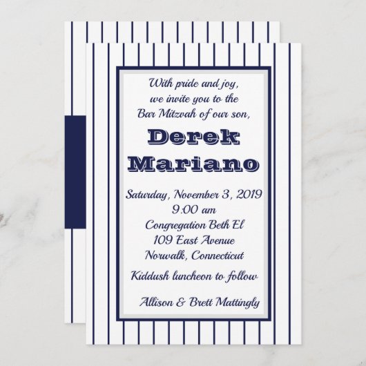 Uitnodiging voor Bar Mitswa in Pinstripe New York (Voorkant / Achterkant)