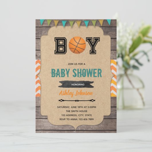Uitnodiging voor Basketball baby shower (Staand voorkant)