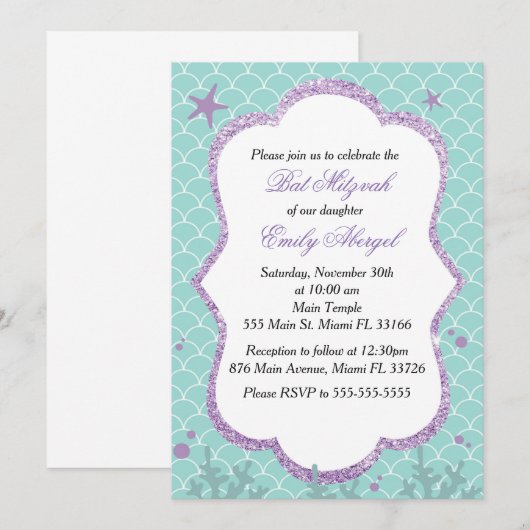 Uitnodiging voor Bat Mitzvah Onder De Zee Paars Te (Voorkant / Achterkant)