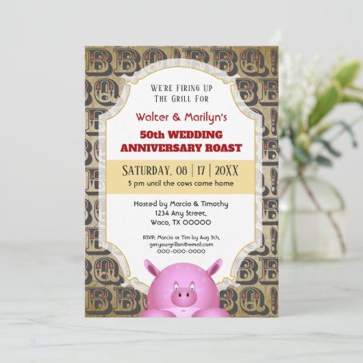 Uitnodiging voor BBQ-huwelijksjubileum varkensbarb (Staand voorkant)