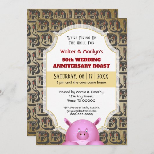 Uitnodiging voor BBQ-huwelijksjubileum varkensbarb (Voorkant / Achterkant)