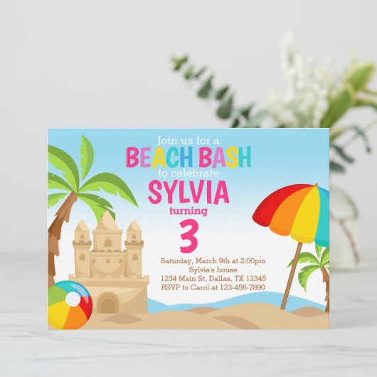 Uitnodiging voor Beach Bash verjaardagsfeestje (Staand voorkant)