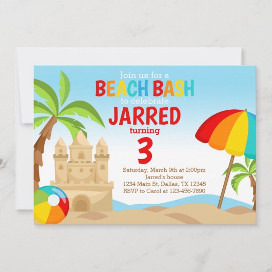 Uitnodiging voor Beach Bash verjaardagsfeestje (Voorkant)