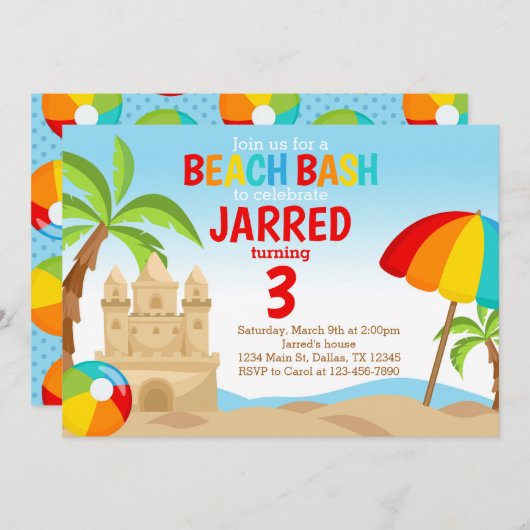 Uitnodiging voor Beach Bash verjaardagsfeestje (Voorkant / Achterkant)