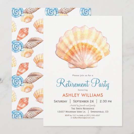 Uitnodiging voor Beach Seashell Retirement Party (Voorkant / Achterkant)