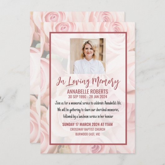 Uitnodiging voor begrafenis - Boeket van zachte ro (Voorkant / Achterkant)