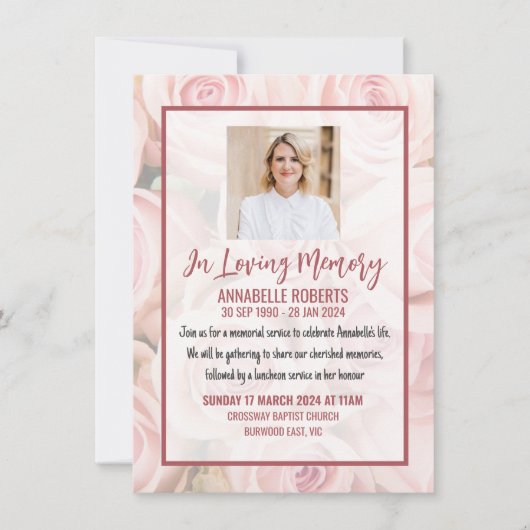 Uitnodiging voor begrafenis - Boeket van zachte ro (Voorkant)