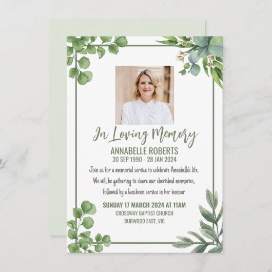 Uitnodiging voor begrafenis met eucalyptusbladeren (Voorkant / Achterkant)