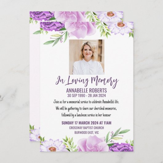 Uitnodiging voor begrafenis met Paarse en roze blo (Voorkant / Achterkant)