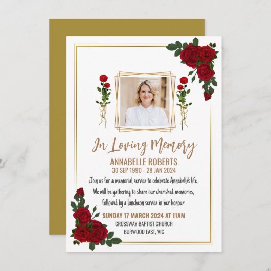 Uitnodiging voor begrafenis - Rode rozen met goude (Voorkant / Achterkant)
