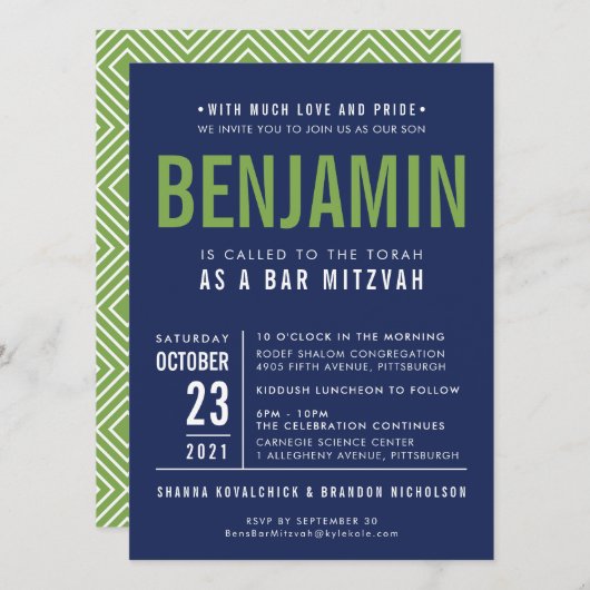 Uitnodiging voor BENJAMIN'S BAR MITZVAH in marineb (Voorkant / Achterkant)