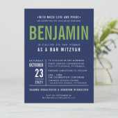 Uitnodiging voor BENJAMIN'S BAR MITZVAH in marineb (Staand voorkant)