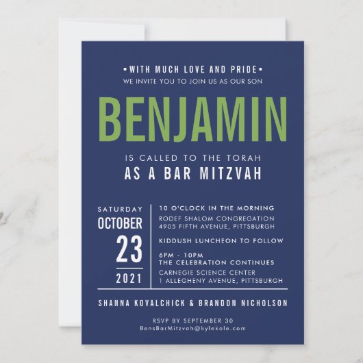 Uitnodiging voor BENJAMIN'S BAR MITZVAH in marineb (Voorkant)