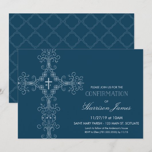 Uitnodiging voor bevestiging van jongen met Cross, (Voorkant / Achterkant)
