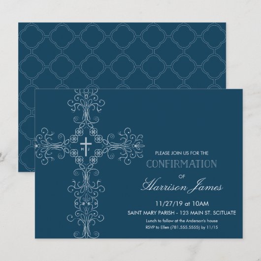 Uitnodiging voor bevestiging van jongen met Cross, (Voorkant / Achterkant)