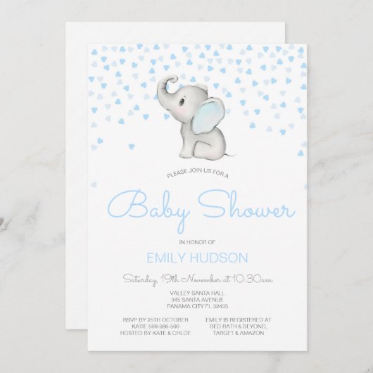 Uitnodiging voor bewerkbare blauwe olifant (Voorkant / Achterkant)