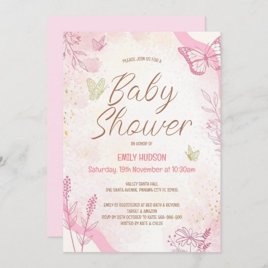 Uitnodiging voor bewerkbare roze vlinder (Voorkant / Achterkant)