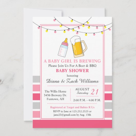 Uitnodiging voor bier en baby shower roze (Voorkant)