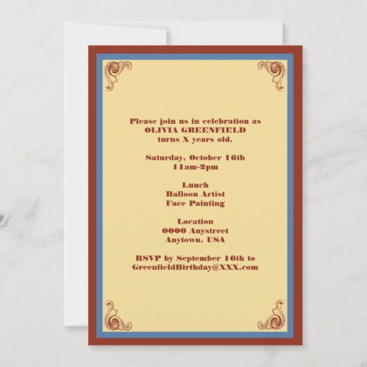 Uitnodiging voor Big Top Birthday Party (Achterkant)