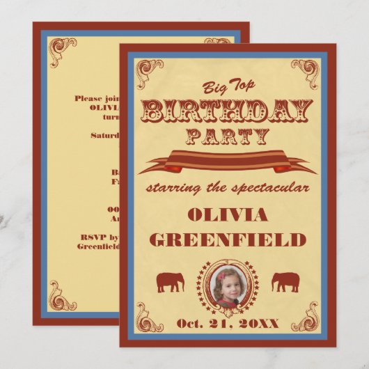 Uitnodiging voor Big Top Birthday Party (Voorkant / Achterkant)