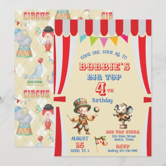 Uitnodiging voor Big Top Circus verjaardagsfeest (Voorkant / Achterkant)