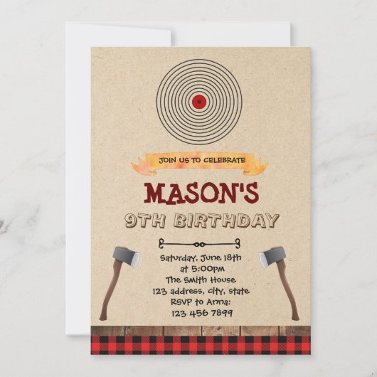 Uitnodiging voor bijl werpen feestje (Voorkant)