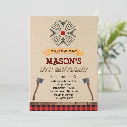 Uitnodiging voor bijl werpen feestje (Staand voorkant)