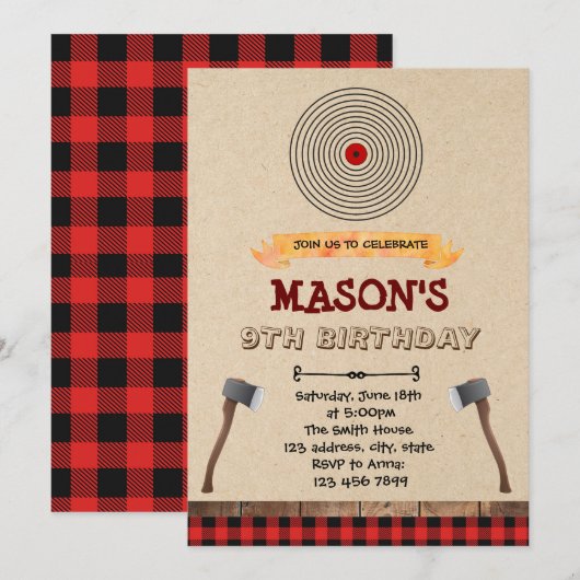 Uitnodiging voor bijl werpen feestje (Voorkant / Achterkant)