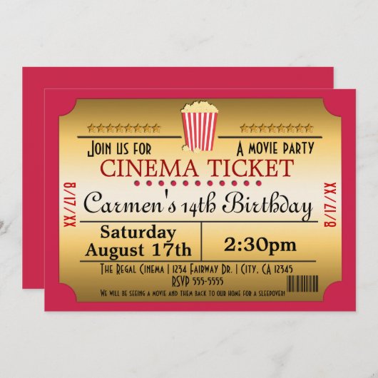 Uitnodiging voor bioscoopfilmkaartjes popcornfeest (Voorkant / Achterkant)