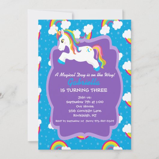 Uitnodiging voor Birthday Bright Rainbow Unicorn (Voorkant)